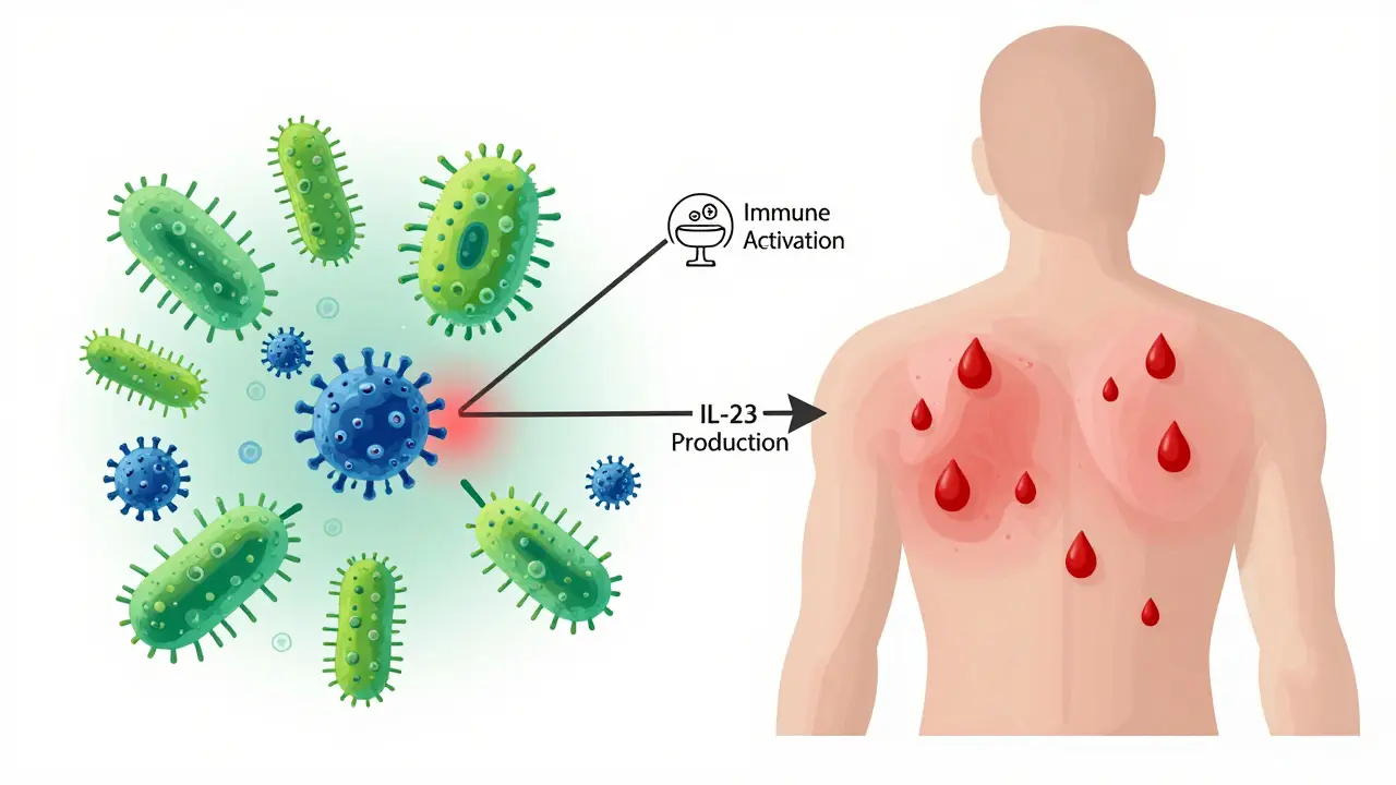 Illustration linking bacterial and viral infections to the onset of guttate psoriasis spots.