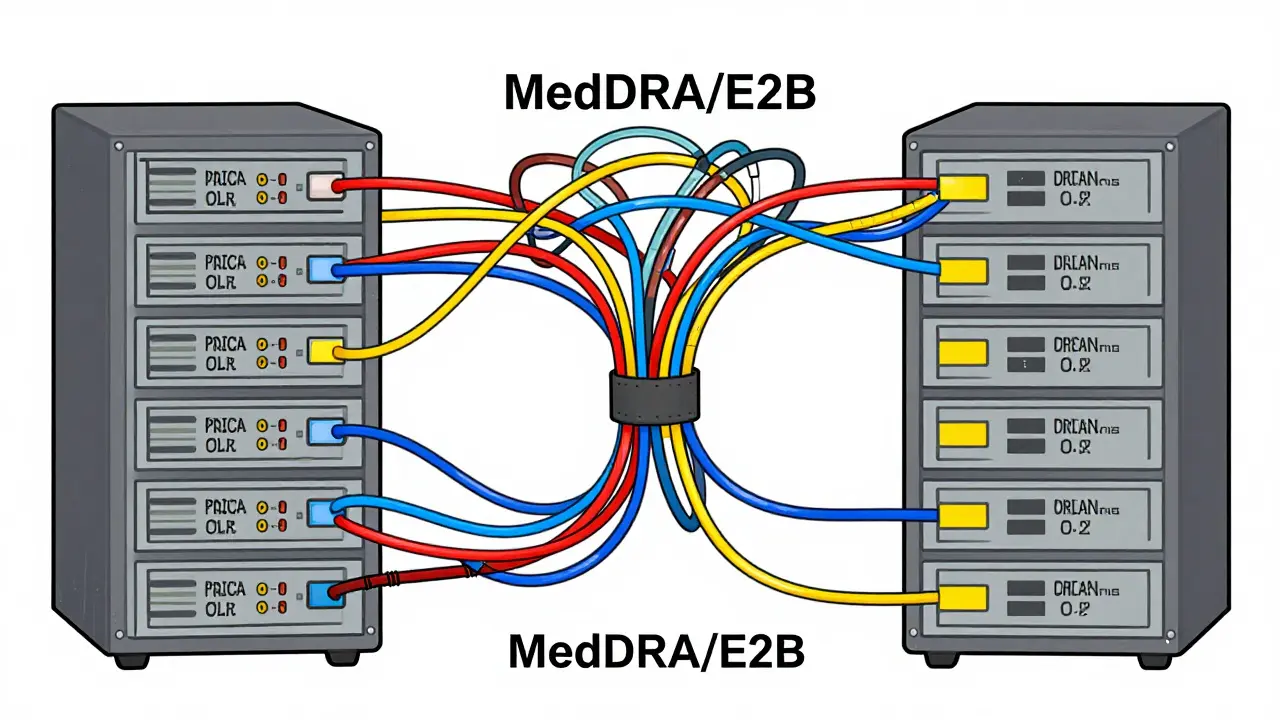 Illustration of medical data standardization process converting chaos to order