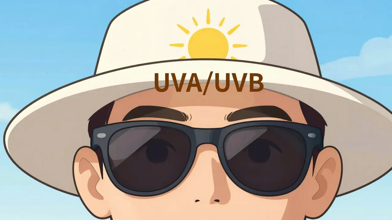 Illustration of sunglasses and hat blocking UV rays