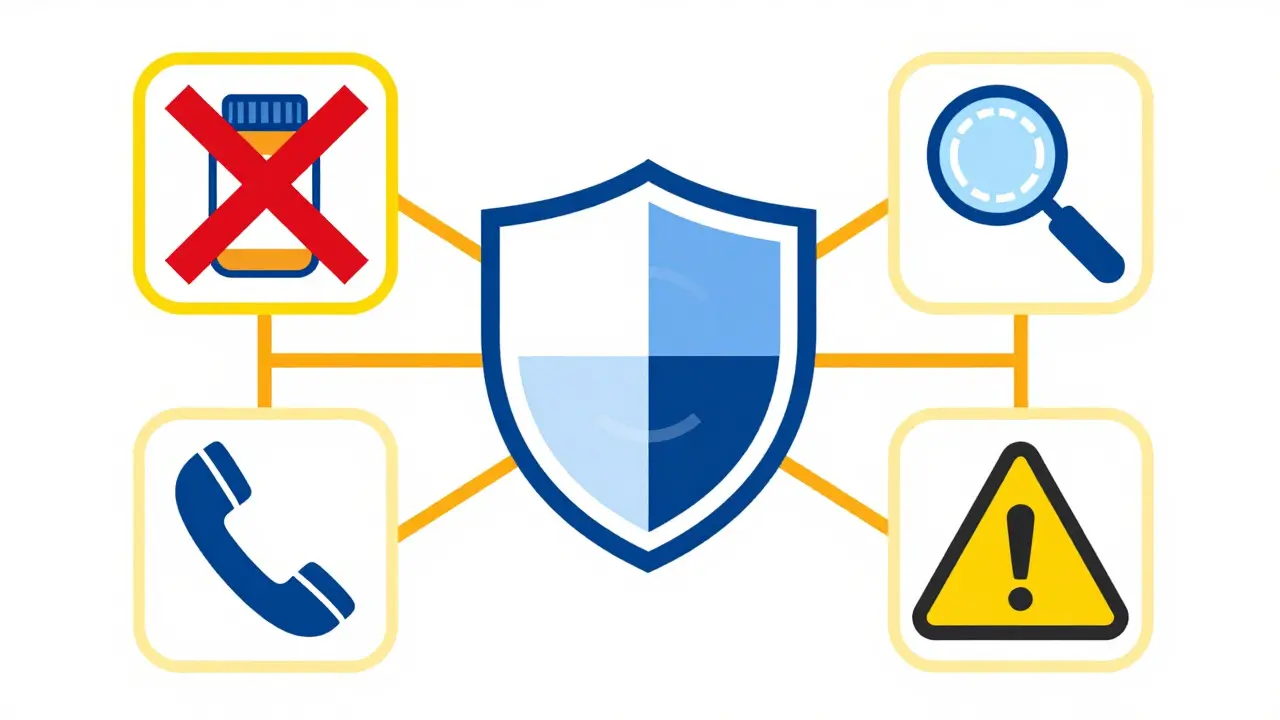 Safety checklist icons for verifying legitimate online pharmacies