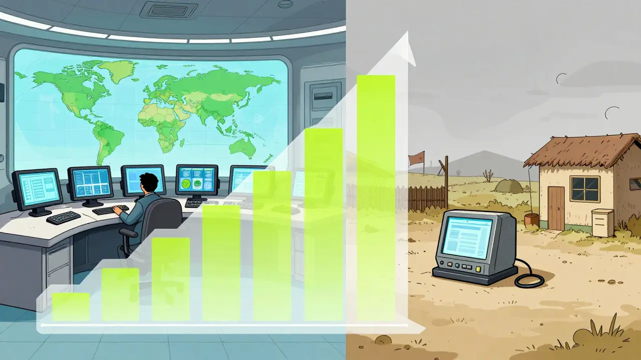 Split view contrasting high-tech vs under-resourced drug reporting facilities