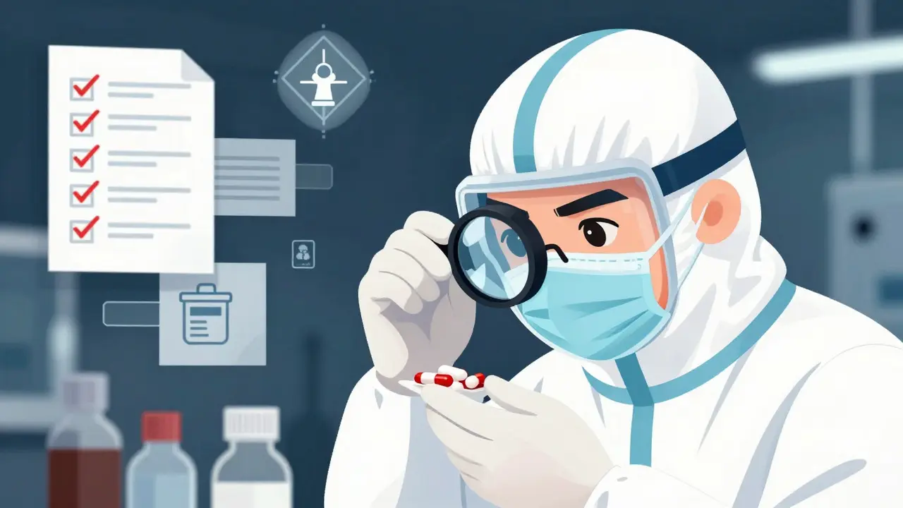 Worker inspecting pills with magnifying glass for quality control