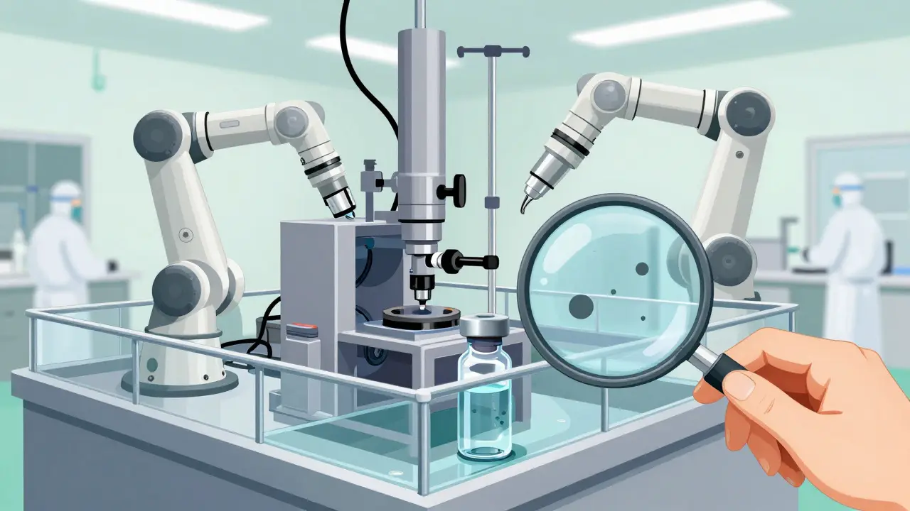 Cross-section technical drawing of sterile injectable manufacturing and contamination risks