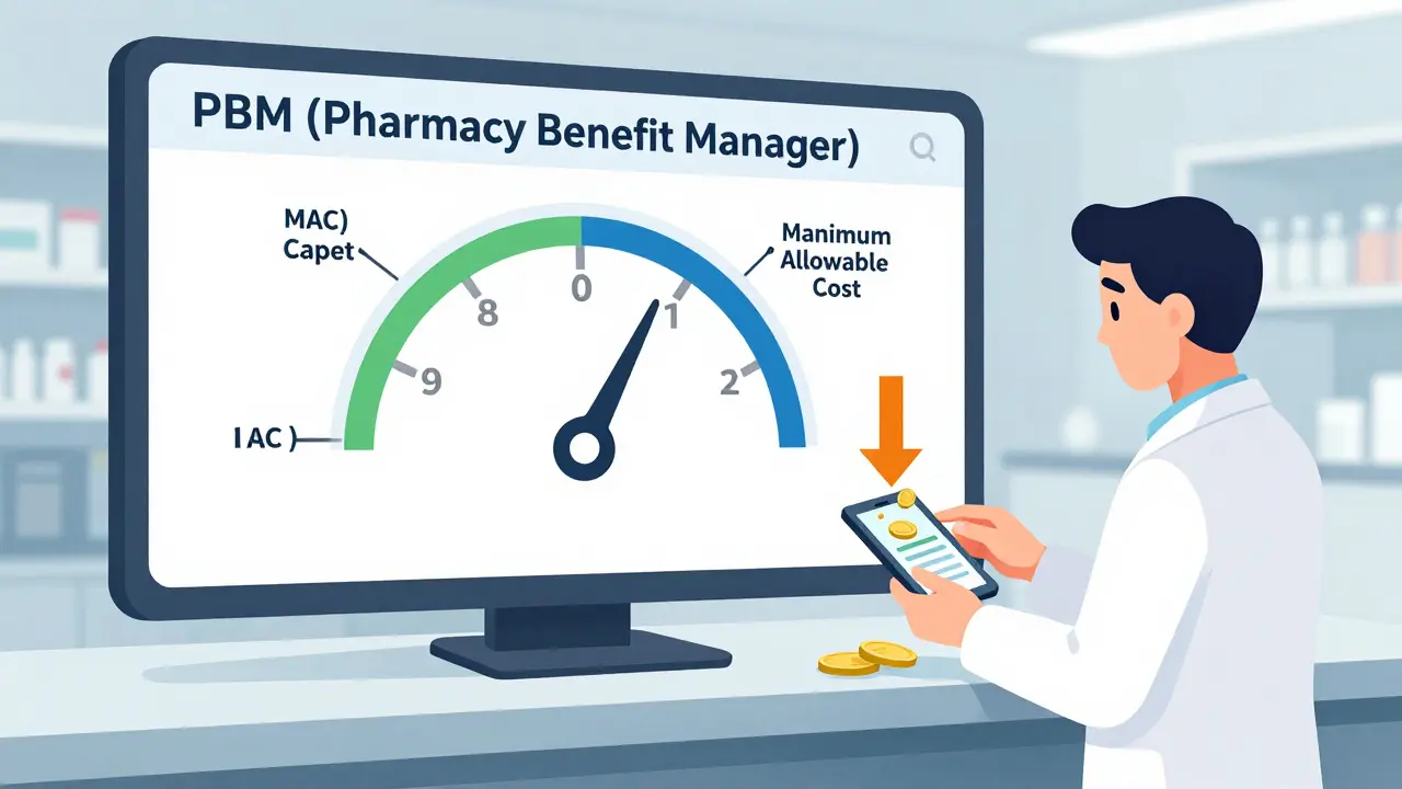 Diagram explaining how PBMs use MAC pricing to cap pharmacy reimbursements for generics.