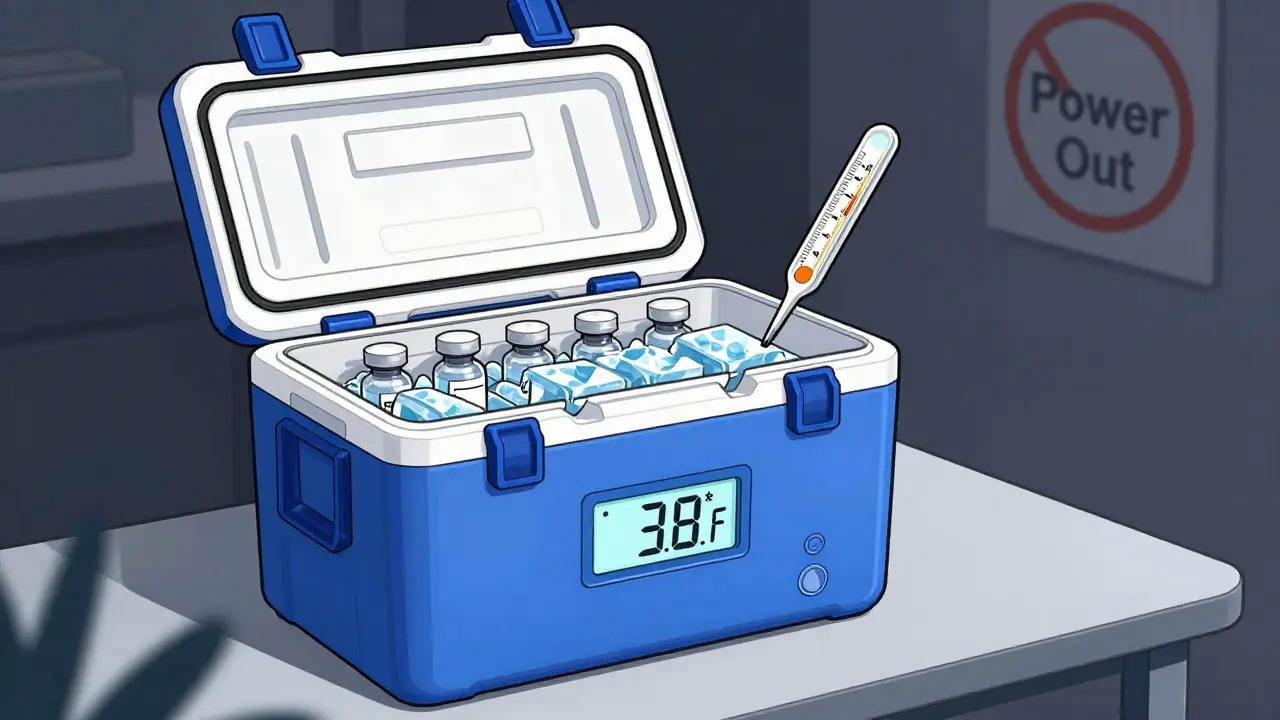 Diagram of a battery-powered medical cooler preserving insulin during a power outage