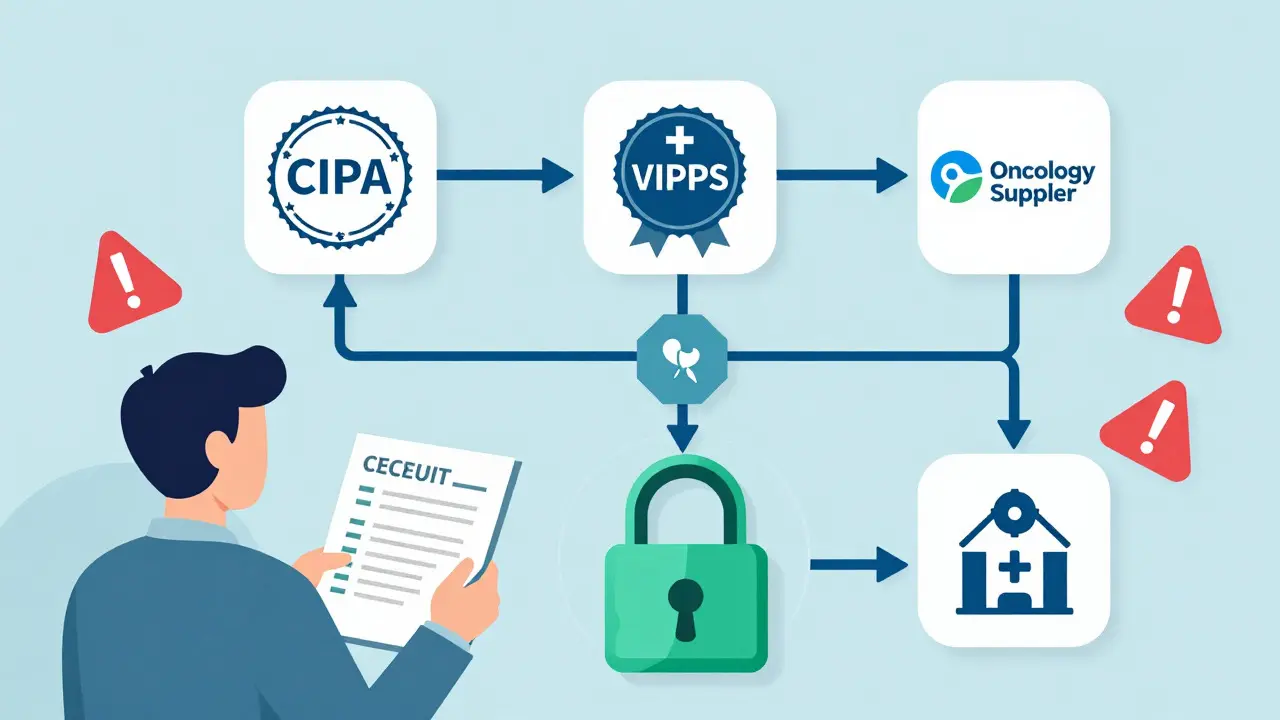 Diagram showing safe online pharmacy verification steps and accreditation seals