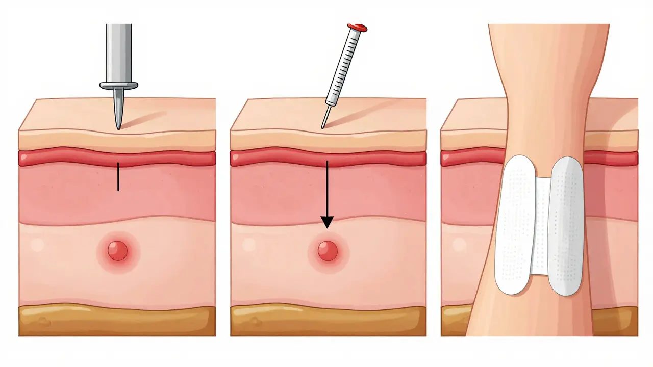 Diagram showing skin prick, intradermal, and patch tests