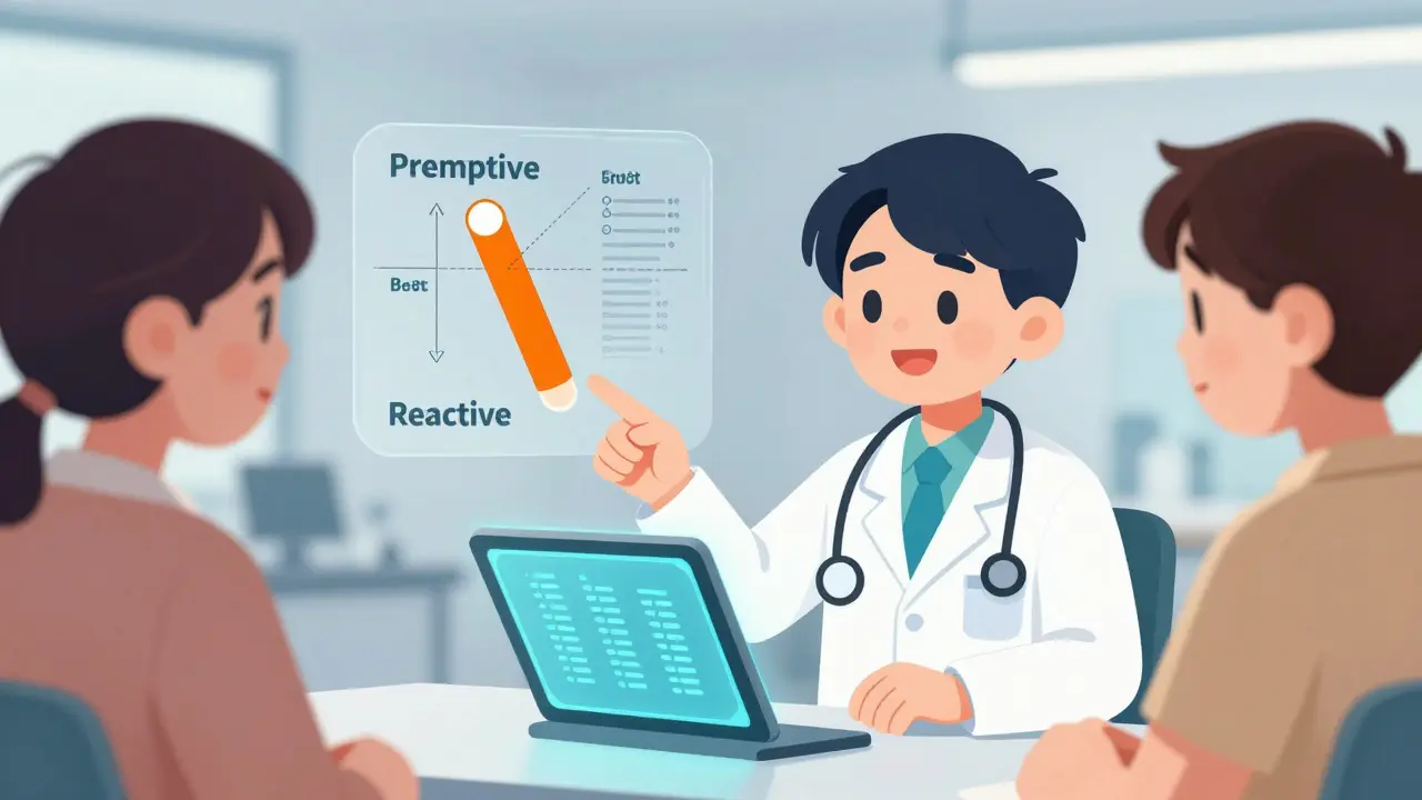 Doctor and patient reviewing genetic health data on a tablet device.