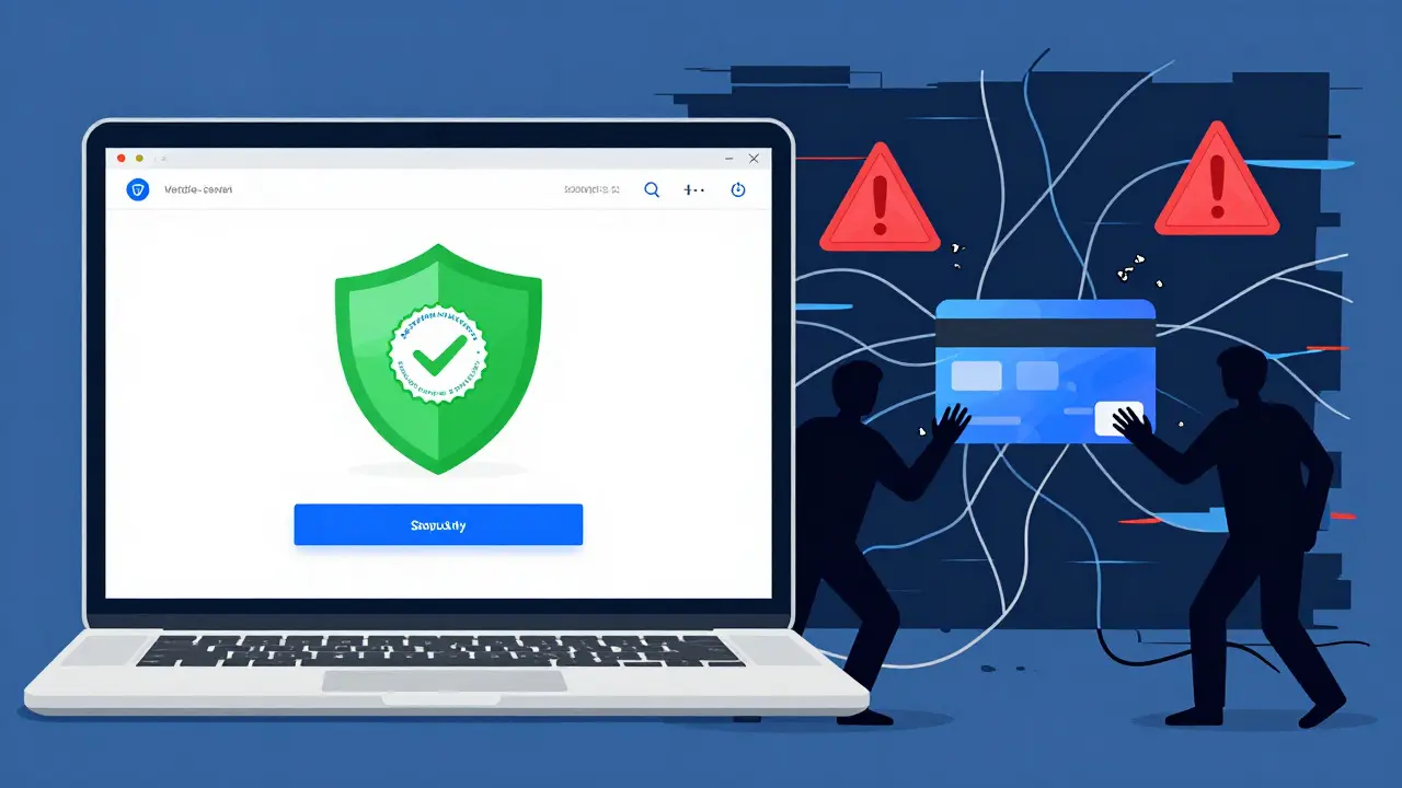 Illustration contrasting a secure online pharmacy website with a risky scam site