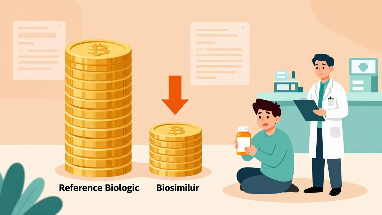 Illustration depicting cost savings of biosimilars versus reference biologics