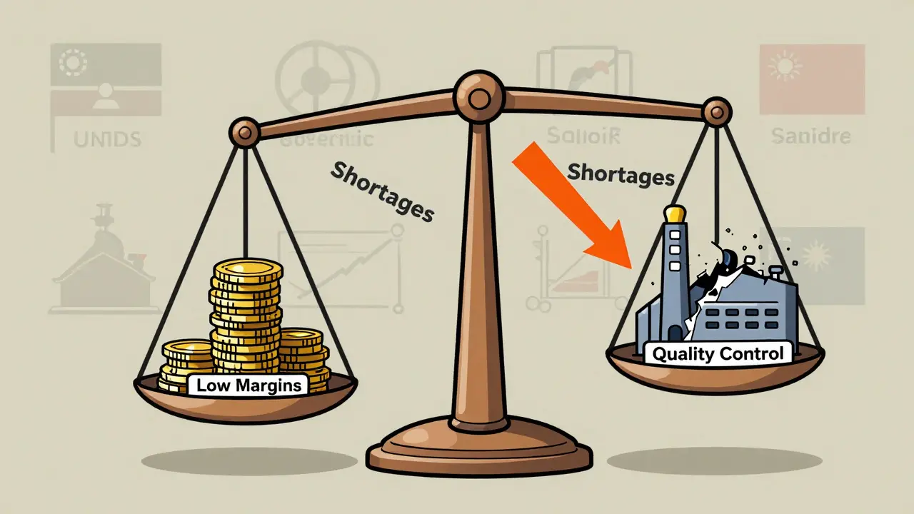 Illustration of economic pressures on generic drugs showing low margins versus quality control