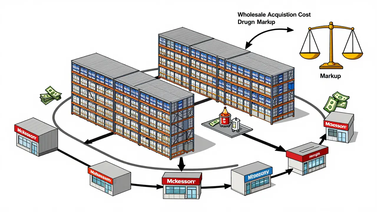 Illustration of wholesalers as central hubs distributing drugs to various pharmacies.