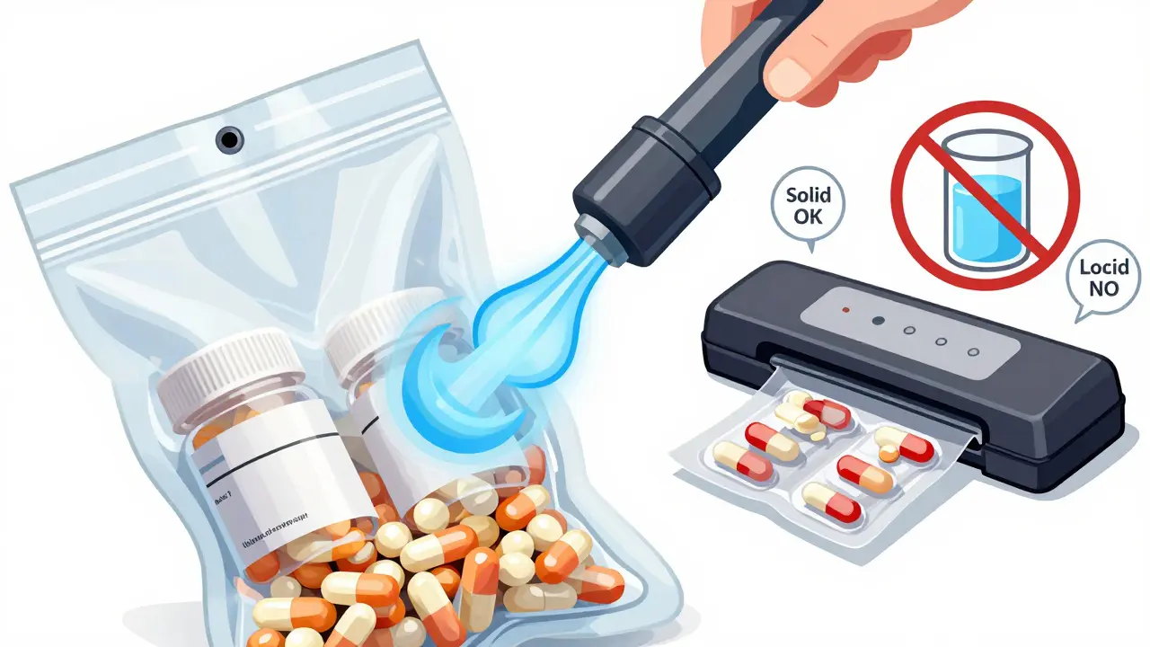 Illustration showing vacuum sealing solid pills in original containers for emergency kits