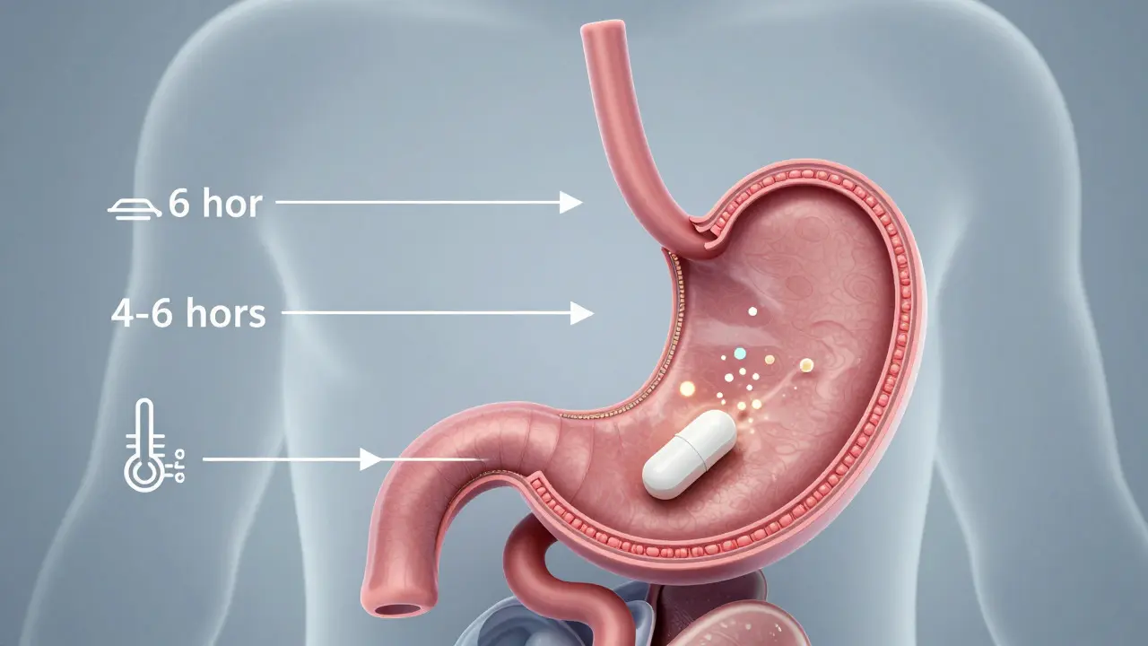 Medical diagram showing ibuprofen dissolving safely in the stomach