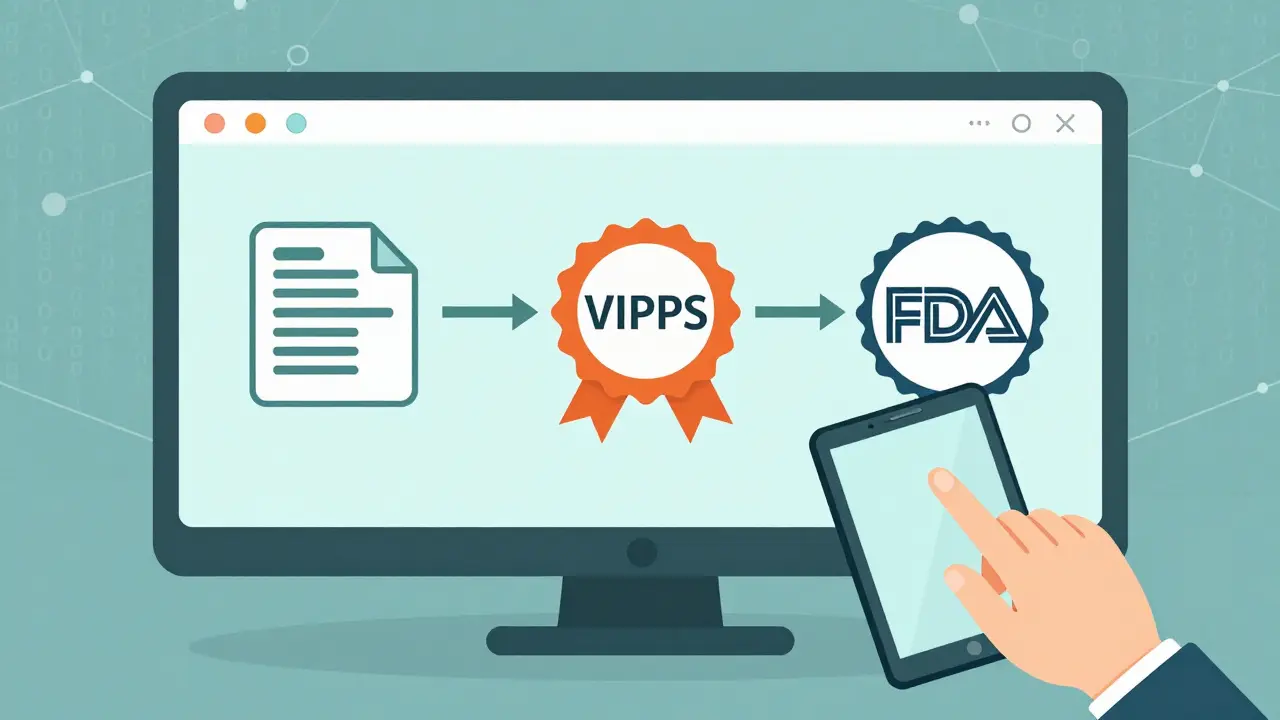 Schematic diagram showing online pharmacy safety verification steps