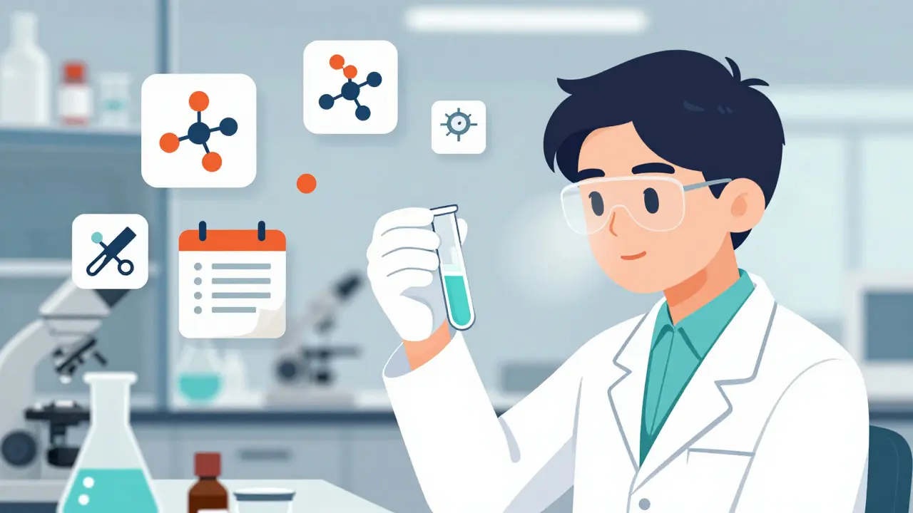 Scientist analyzing drug stability data with molecular and calendar icons in a lab setting.