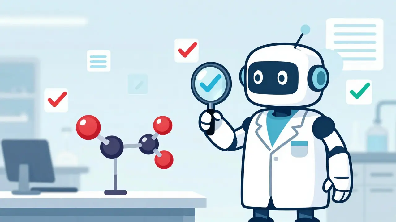 Technical cartoon showing FDA inspection of biosimilar safety and purity