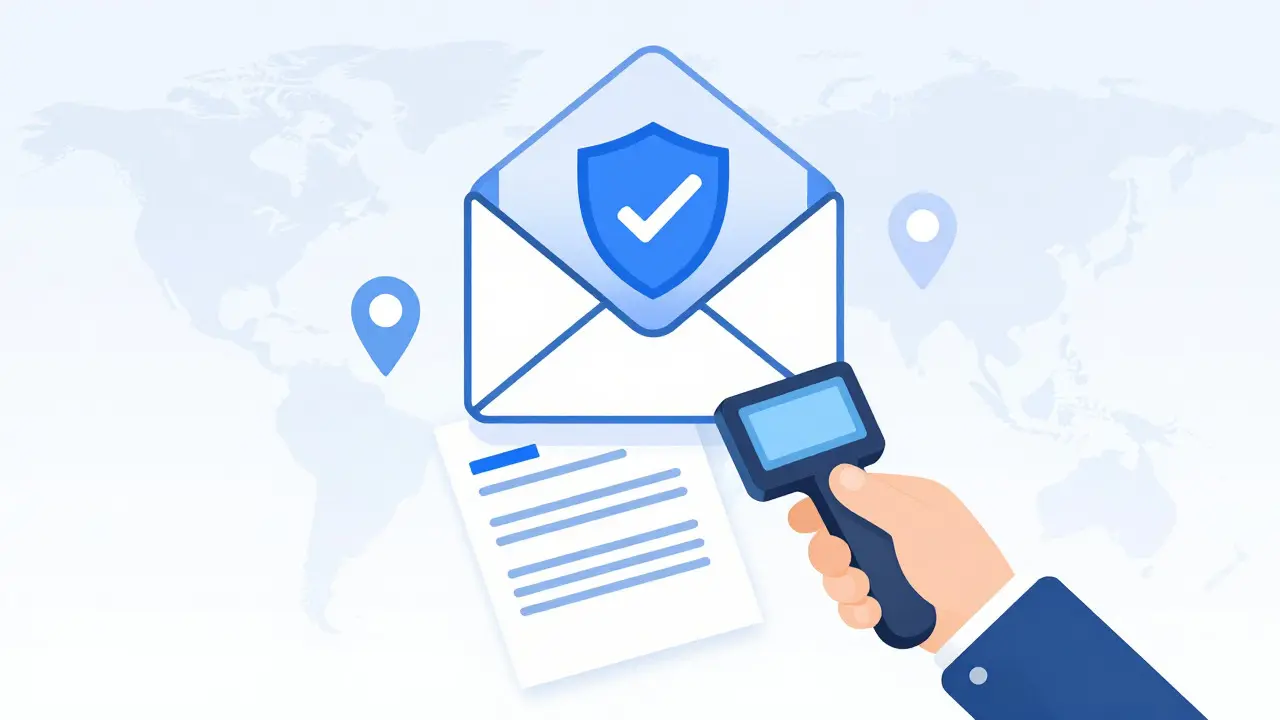 Cartoon illustration of a secure digital envelope and prescription scan for online pharmacy verification