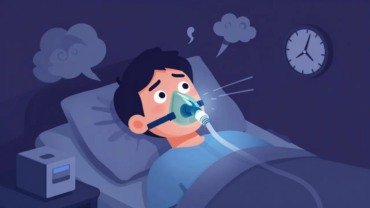 Cartoon of an anxious patient lying awake while wearing a CPAP mask, surrounded by stress clouds