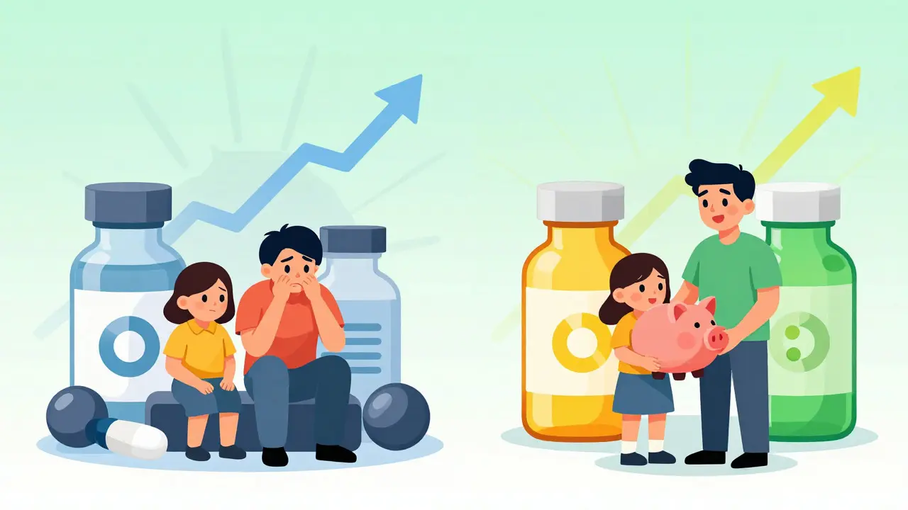 Cartoon showing cost savings and improved access to healthcare through biosimilar medications