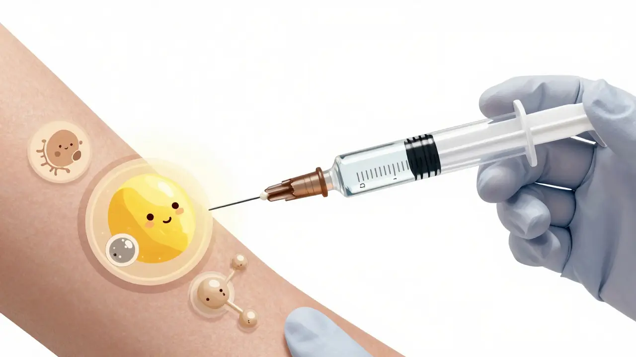 Cross-section of vaccine ingredients like egg and yeast molecules