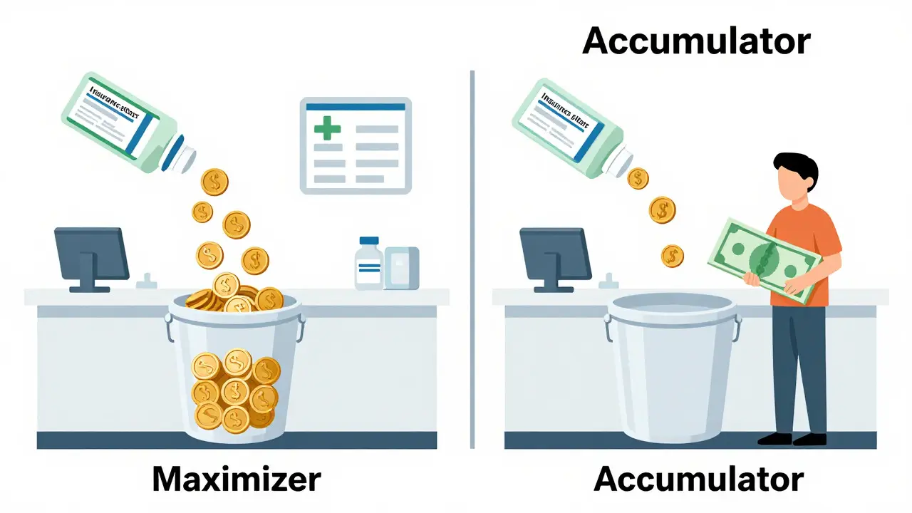 Diagram comparing copay maximizer vs accumulator models