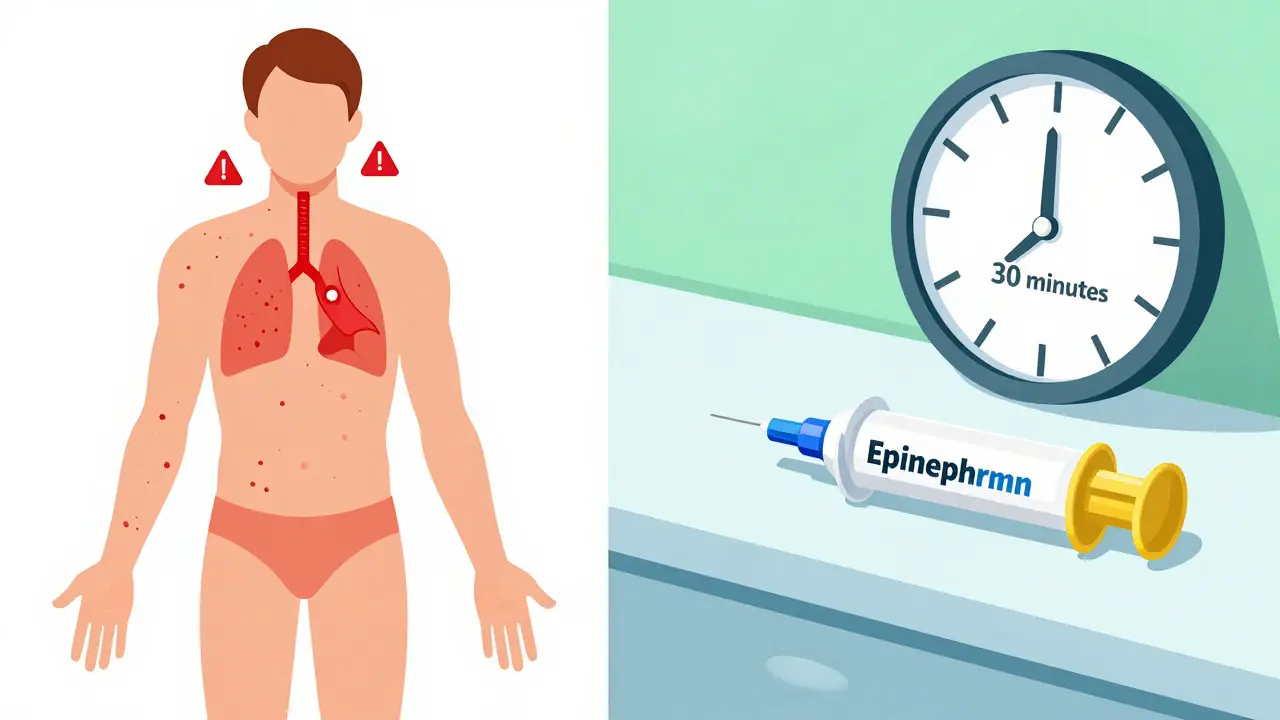 Diagram of allergy symptoms and 30-minute safety observation protocol
