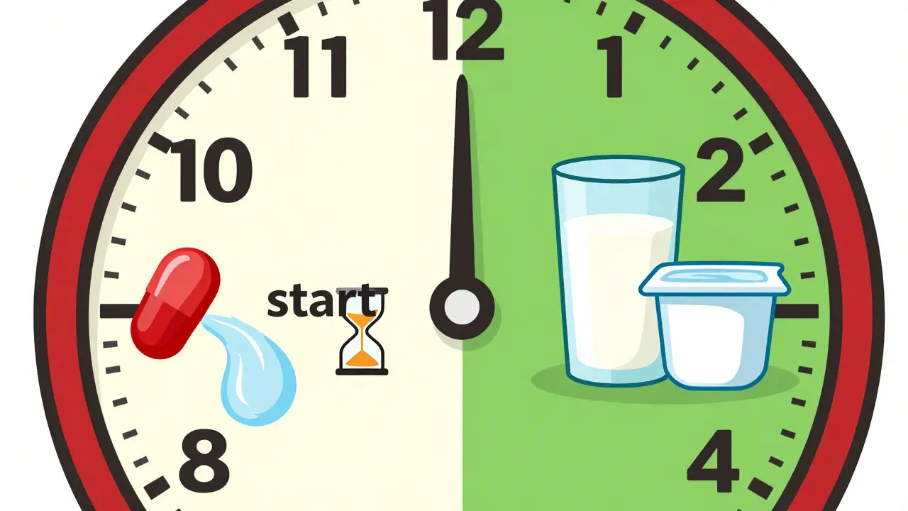 Diagram showing the recommended time gap between taking antibiotics and consuming dairy products