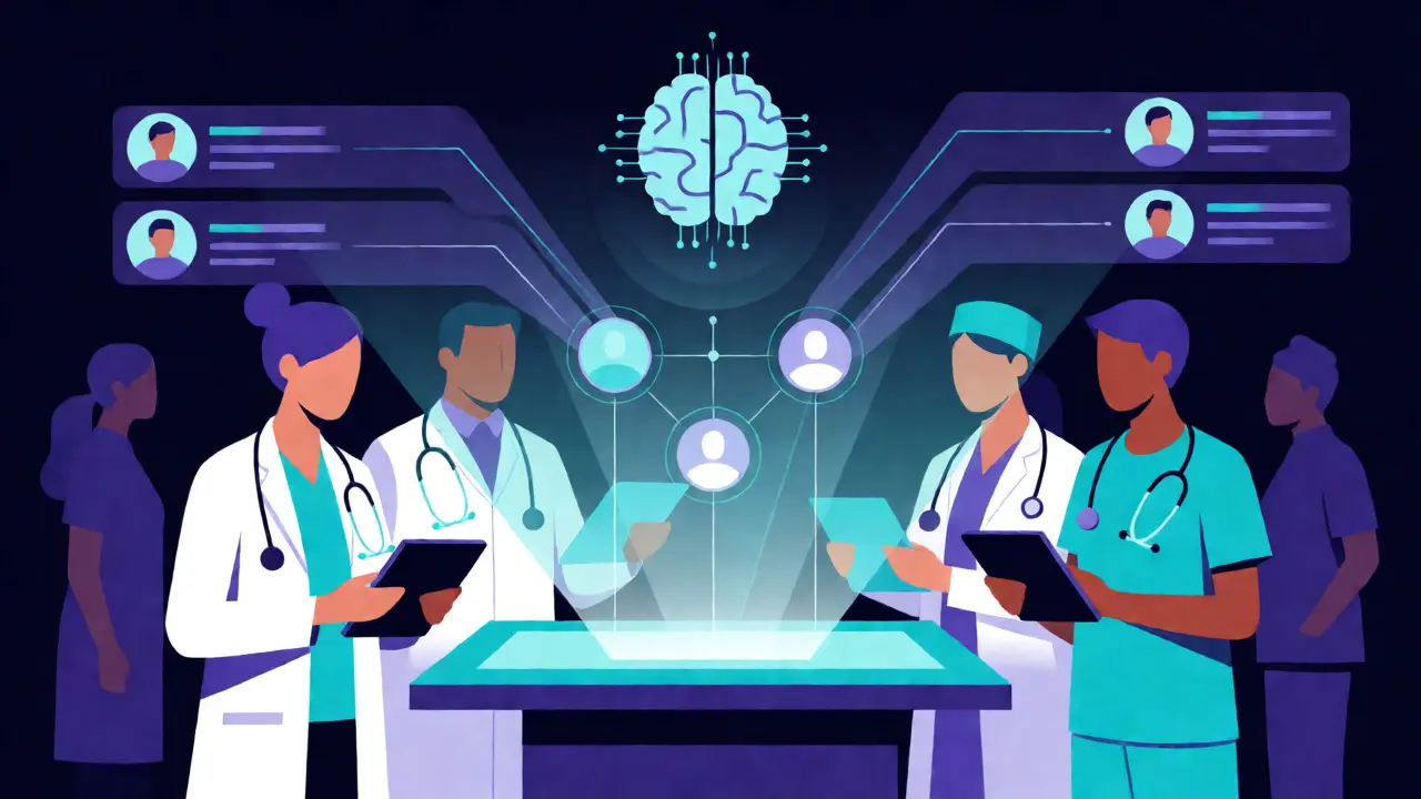 Healthcare team collaborating with AI data visualization