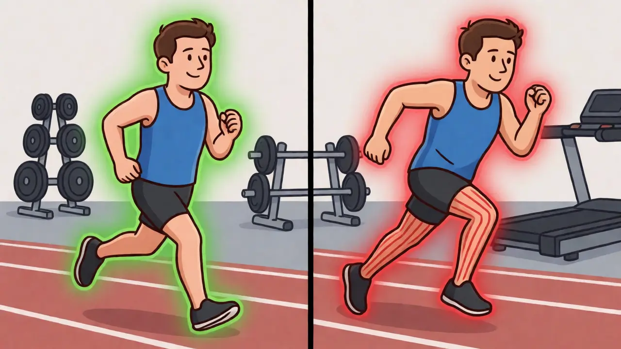 Illustration comparing moderate vs vigorous exercise risks for statin users