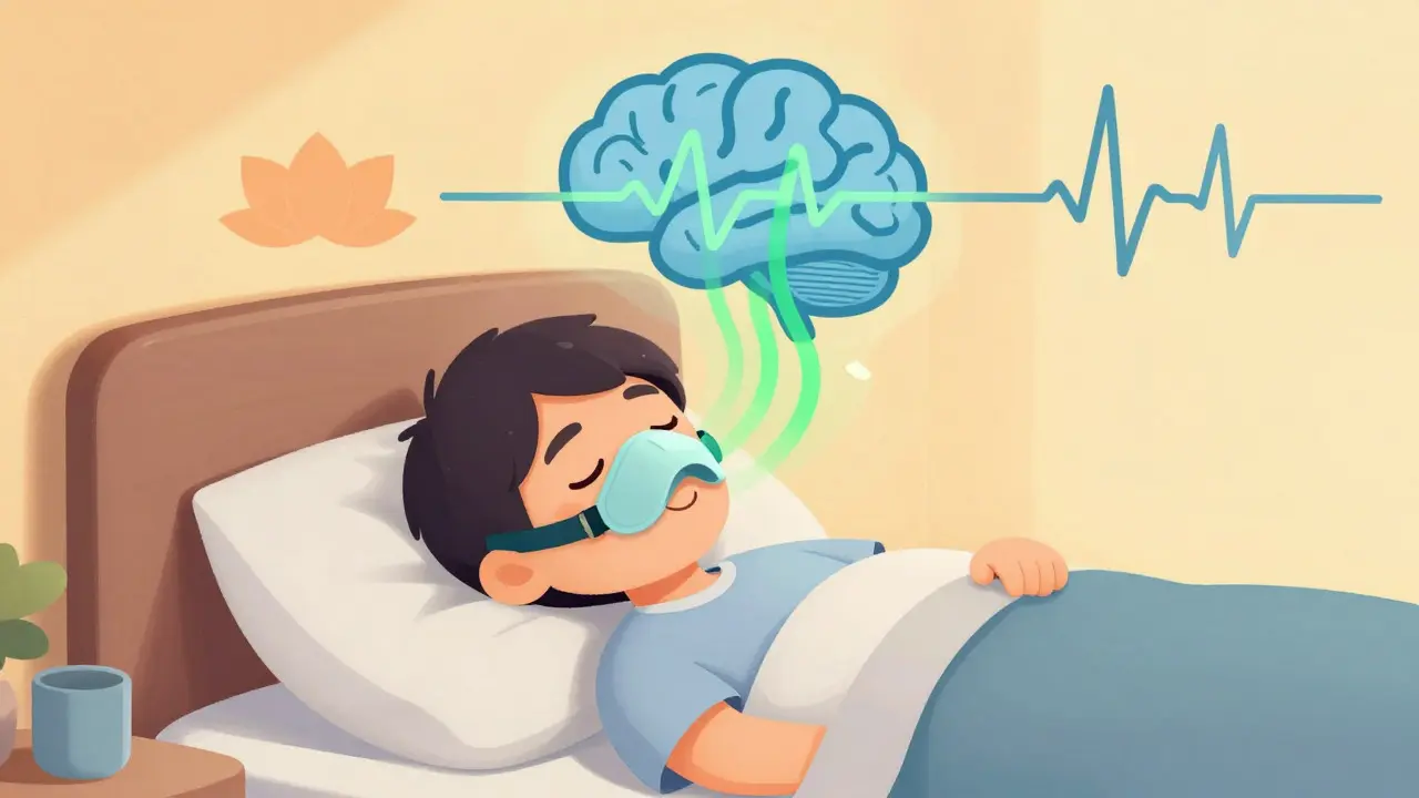 Illustration of a peaceful sleeper with synchronized brain waves and airflow, symbolizing effective combined therapy