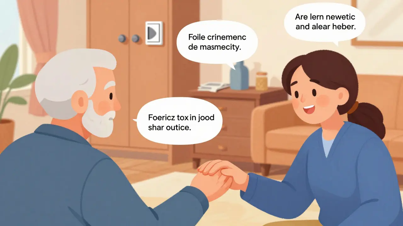Illustration of a safe home environment and caregiver supporting a patient