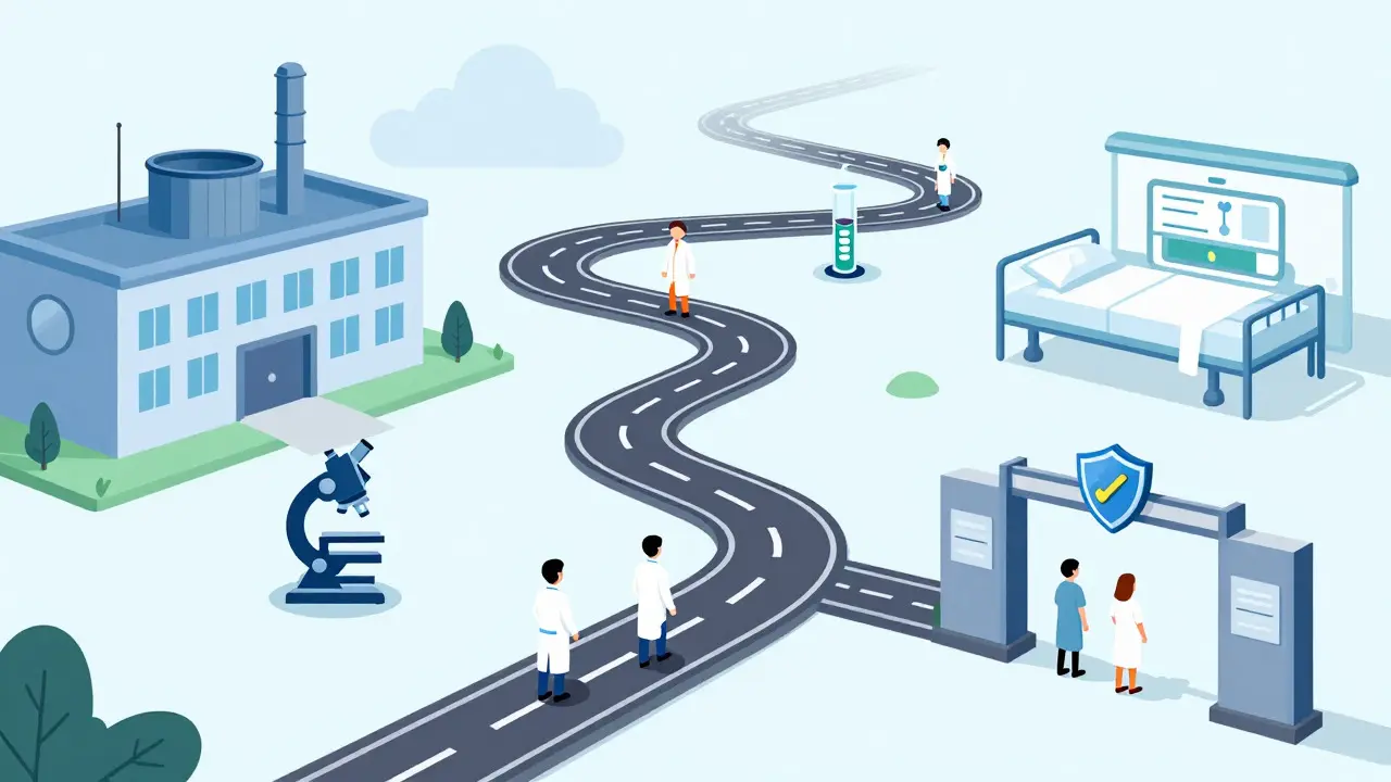Illustration of the regulatory approval pathway for biosimilars with scientific checkpoints