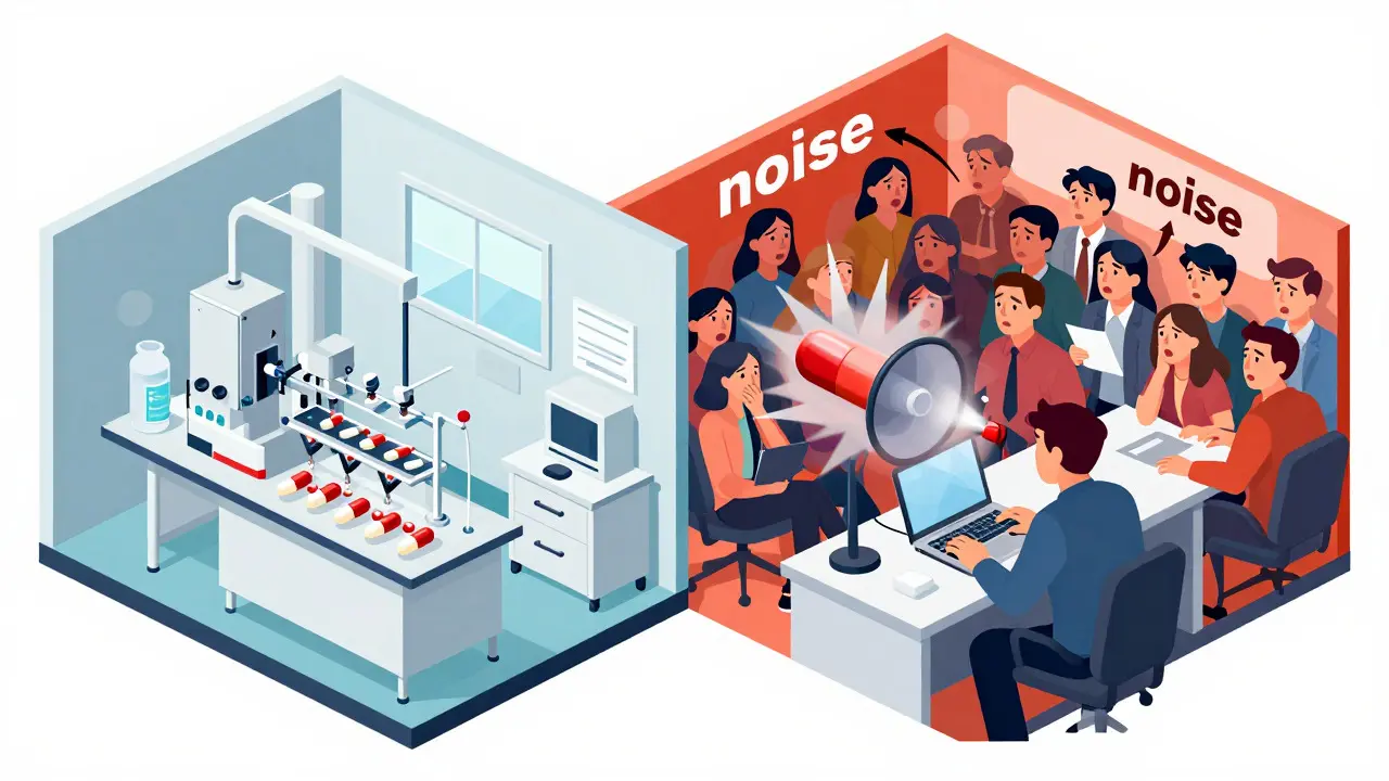 Isometric view contrasting sterile drug labs with chaotic newsroom bias