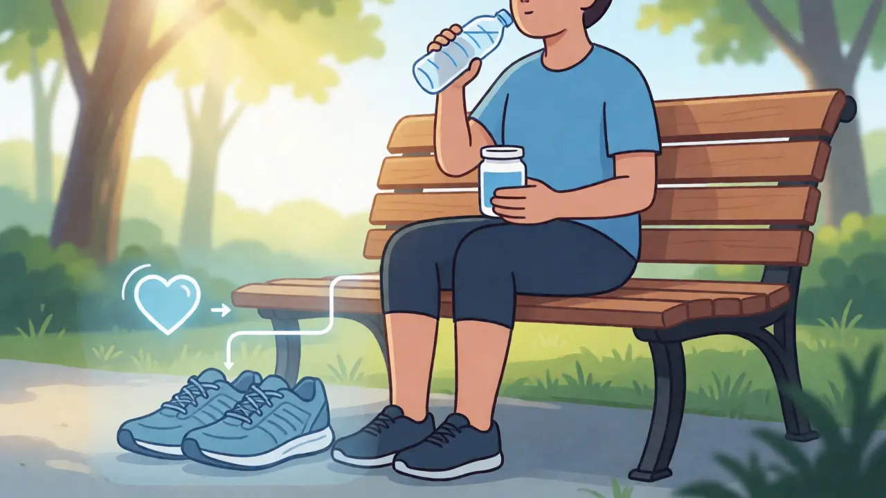 Person resting outdoors with water and supplements, symbolizing recovery