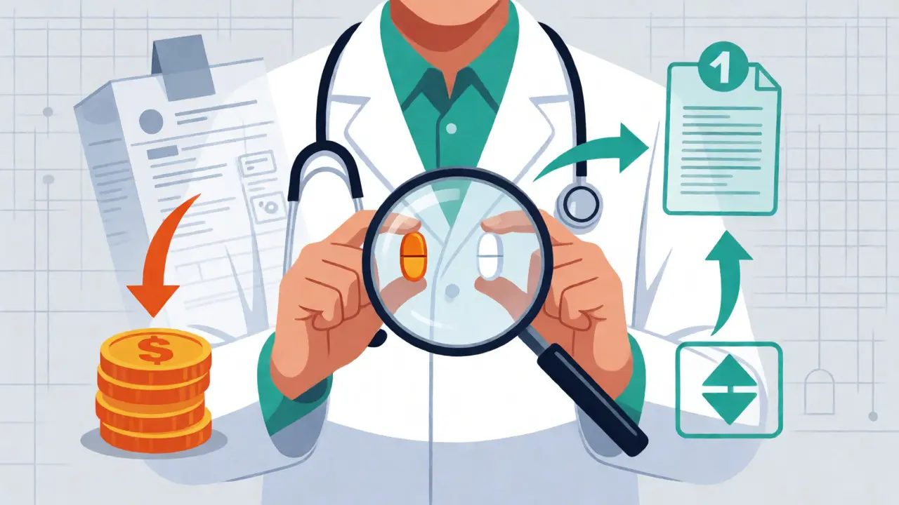 Pharmacist comparing brand name and generic pills for savings
