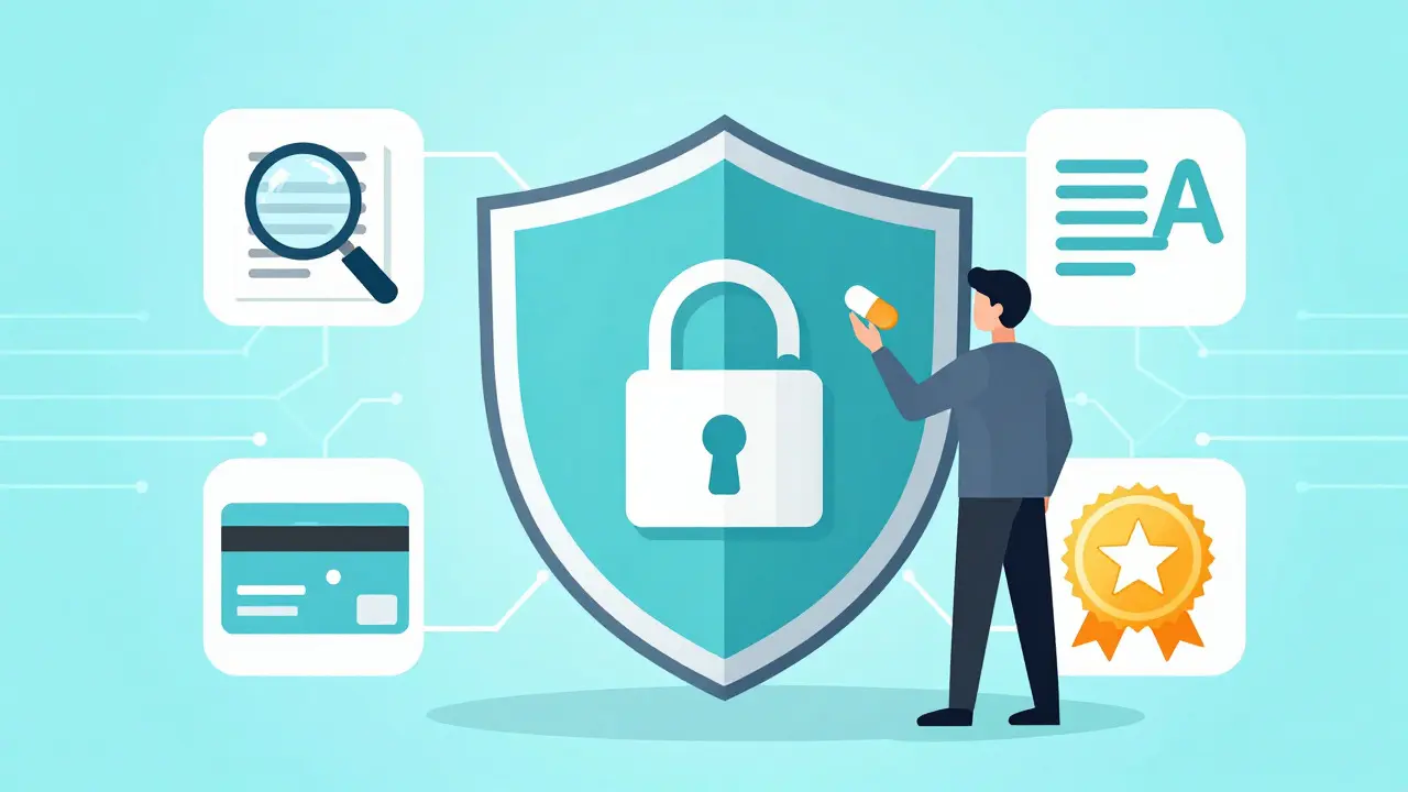 Technical cartoon showing security icons like shields and locks for safe online medication purchase
