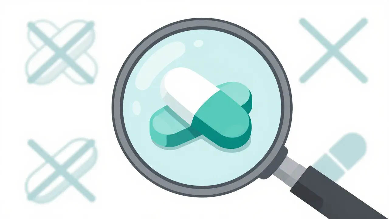Technical drawing of a pill under a magnifying glass showing it has no generic equivalent