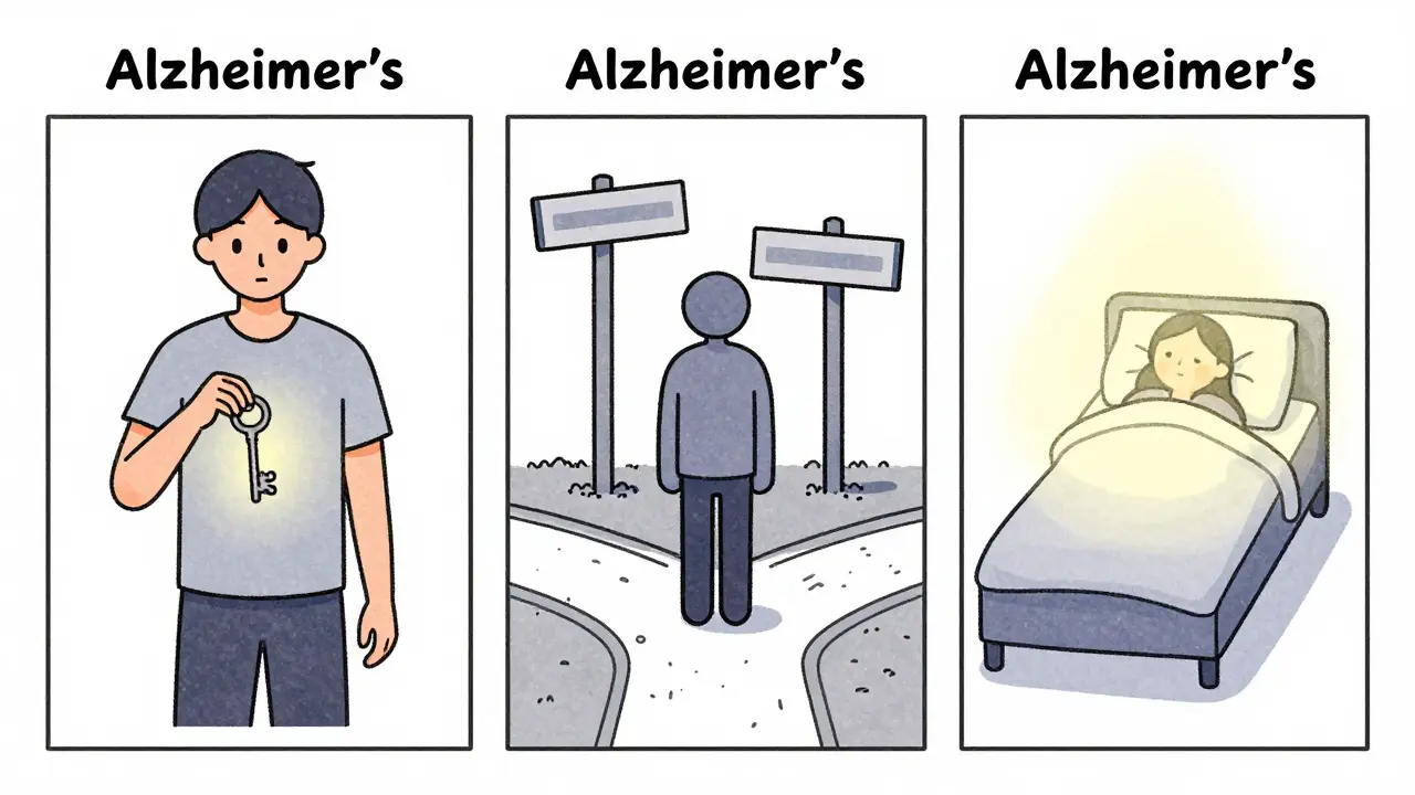 Three-panel illustration symbolizing early, middle, and late stages of Alzheimer's